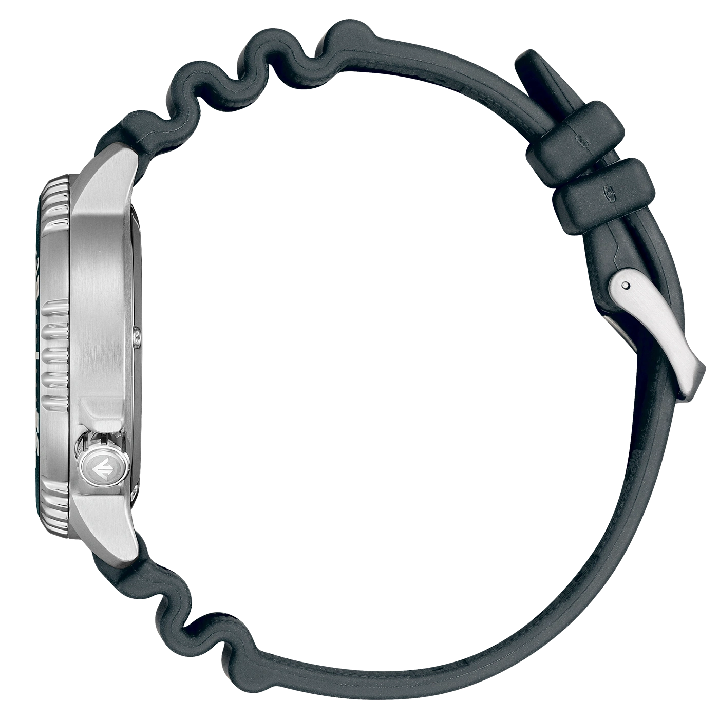 Zijaanzicht van een zilveren horloge met een zwarte rubberen band.