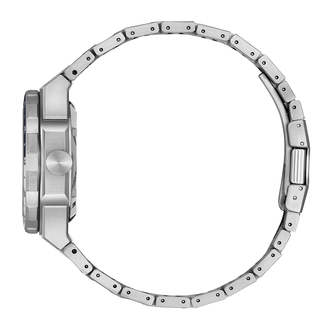 Zilveren horloge met metalen band, zijaanzicht, modern design, elegant accessoire