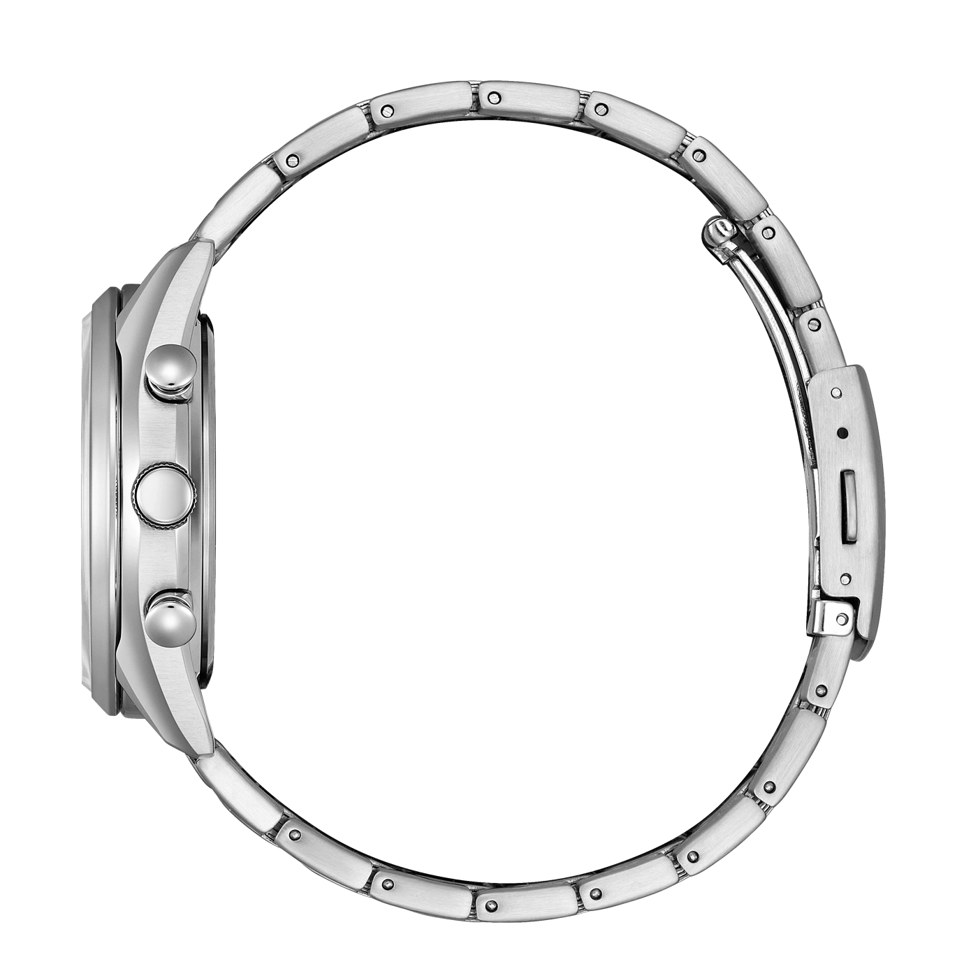 Zilveren horloge zijaanzicht, roestvrijstalen band, knoppen, elegant design, moderne stijl