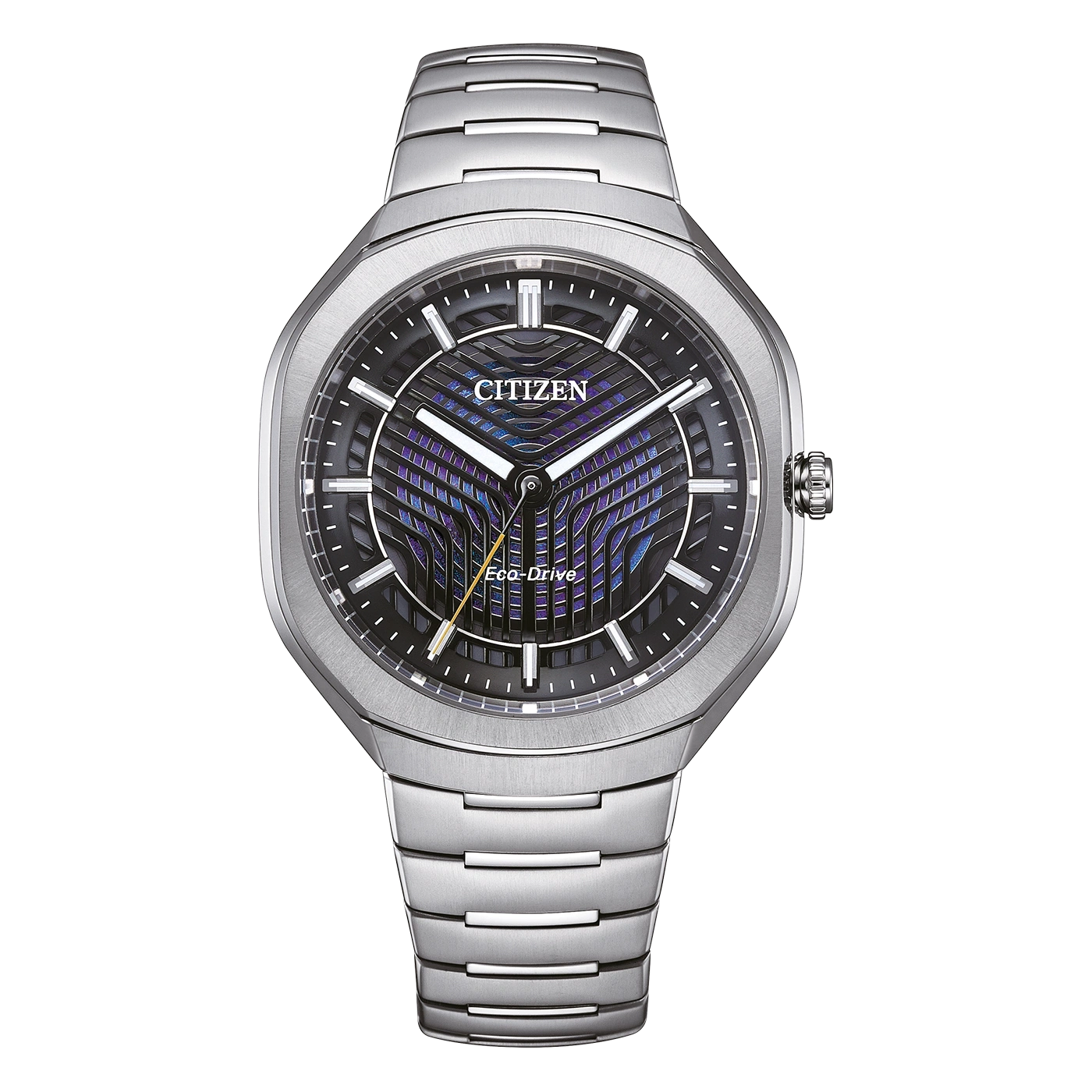 Een modern zilveren Citizen Eco-Drive horloge met een zwart en paars patroon op de wijzerplaat.
