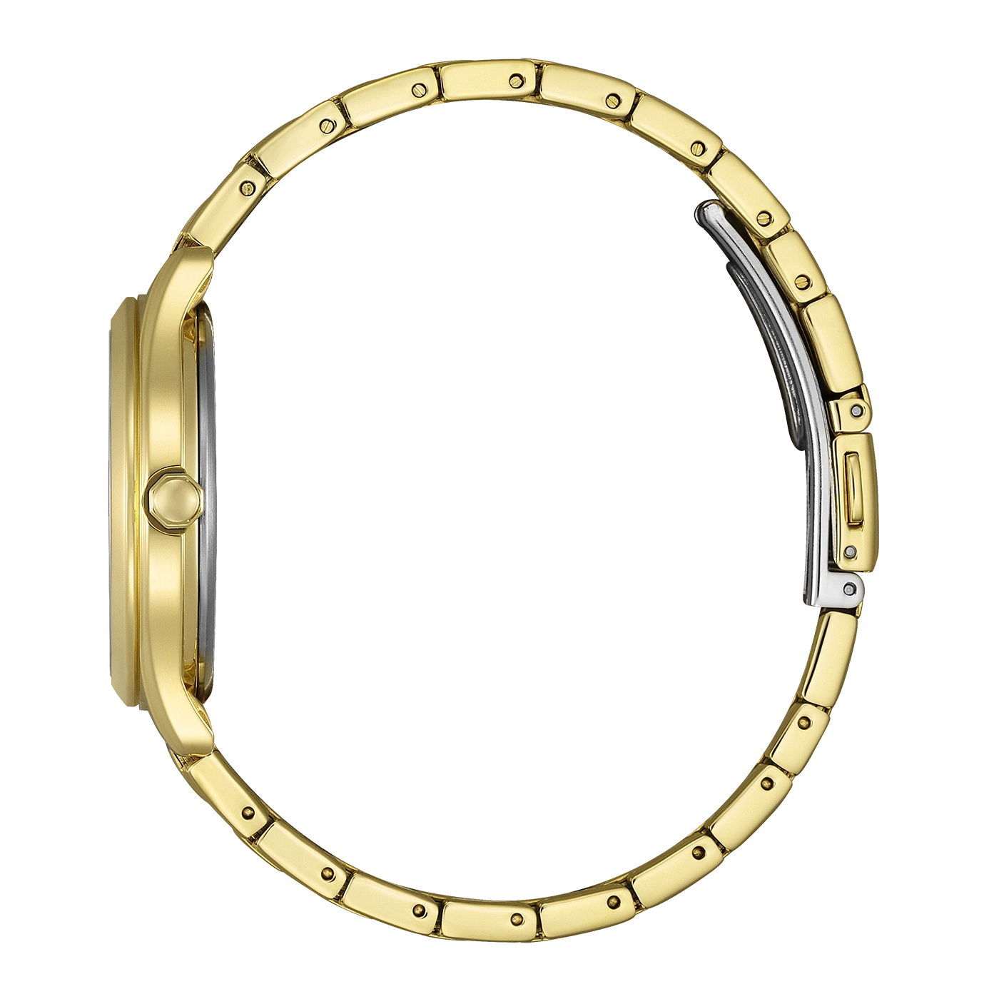 Zijaanzicht van een gouden horloge met metalen band.