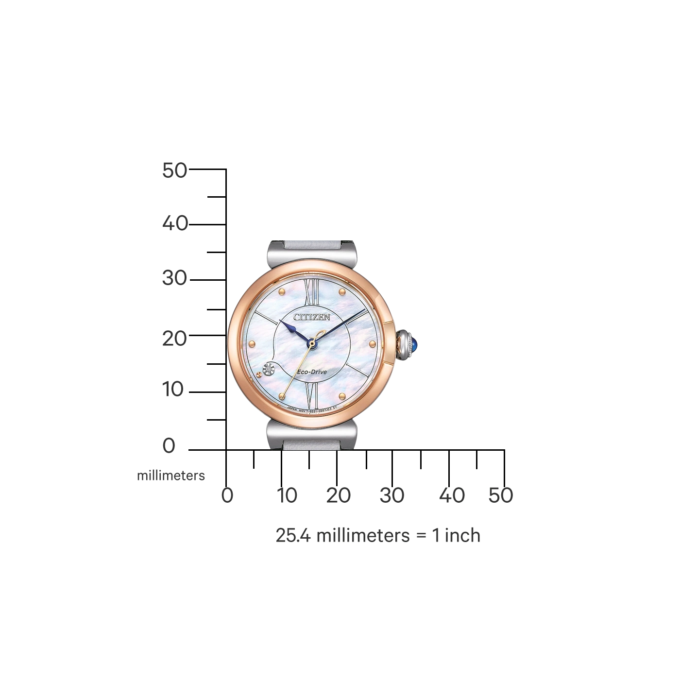 Citizen horloge met witte wijzerplaat en roségouden accenten, Eco-Drive technologie.
