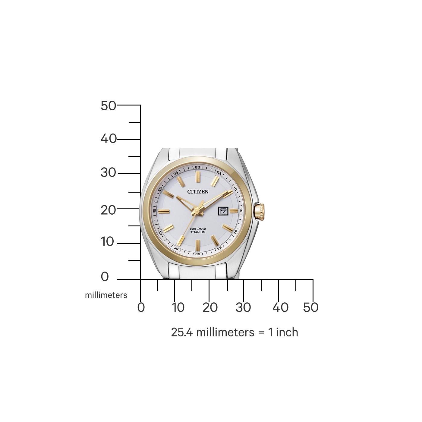 Citizen horloge met gouden accenten, witte wijzerplaat en titanium Eco-Drive.