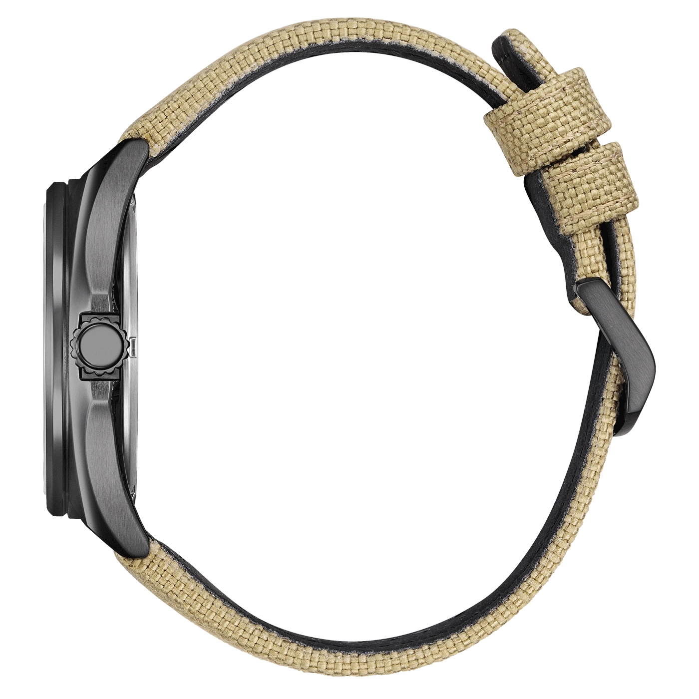 Zijaanzicht van een zwart horloge met een beige stoffen bandje.