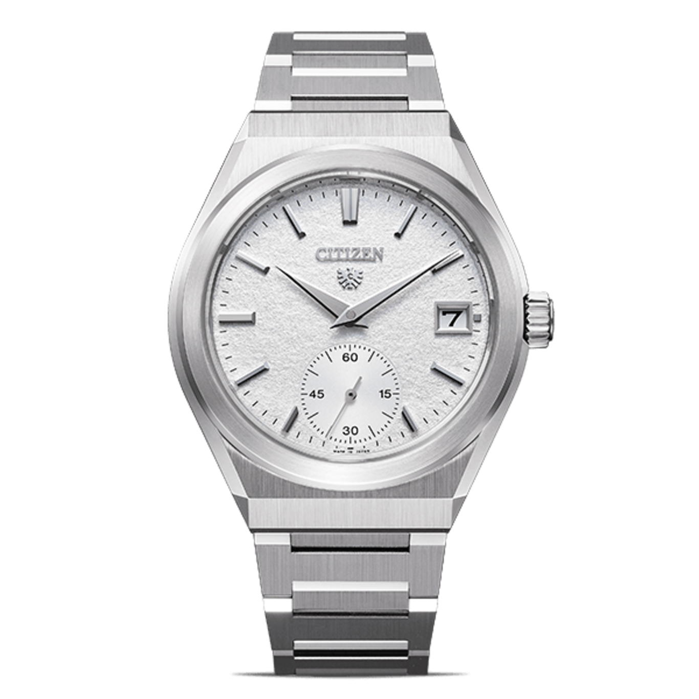 Citizen-Uhr mit weißem Zifferblatt und silbernem Armband, elegantes Design.