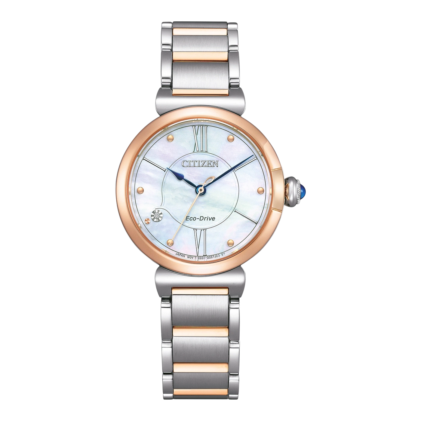 Citizen Eco-Drive horloge met een parelmoeren wijzerplaat en roségouden accenten.