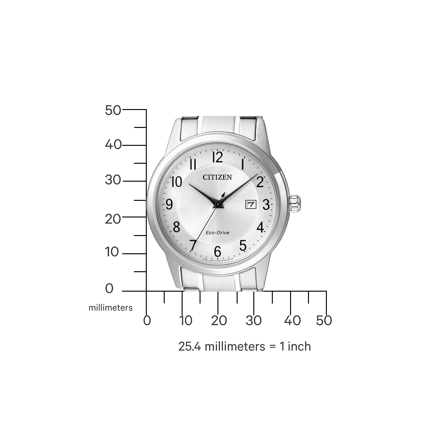 Citizen horloge met zilveren wijzerplaat en datumweergave, Eco-Drive technologie.