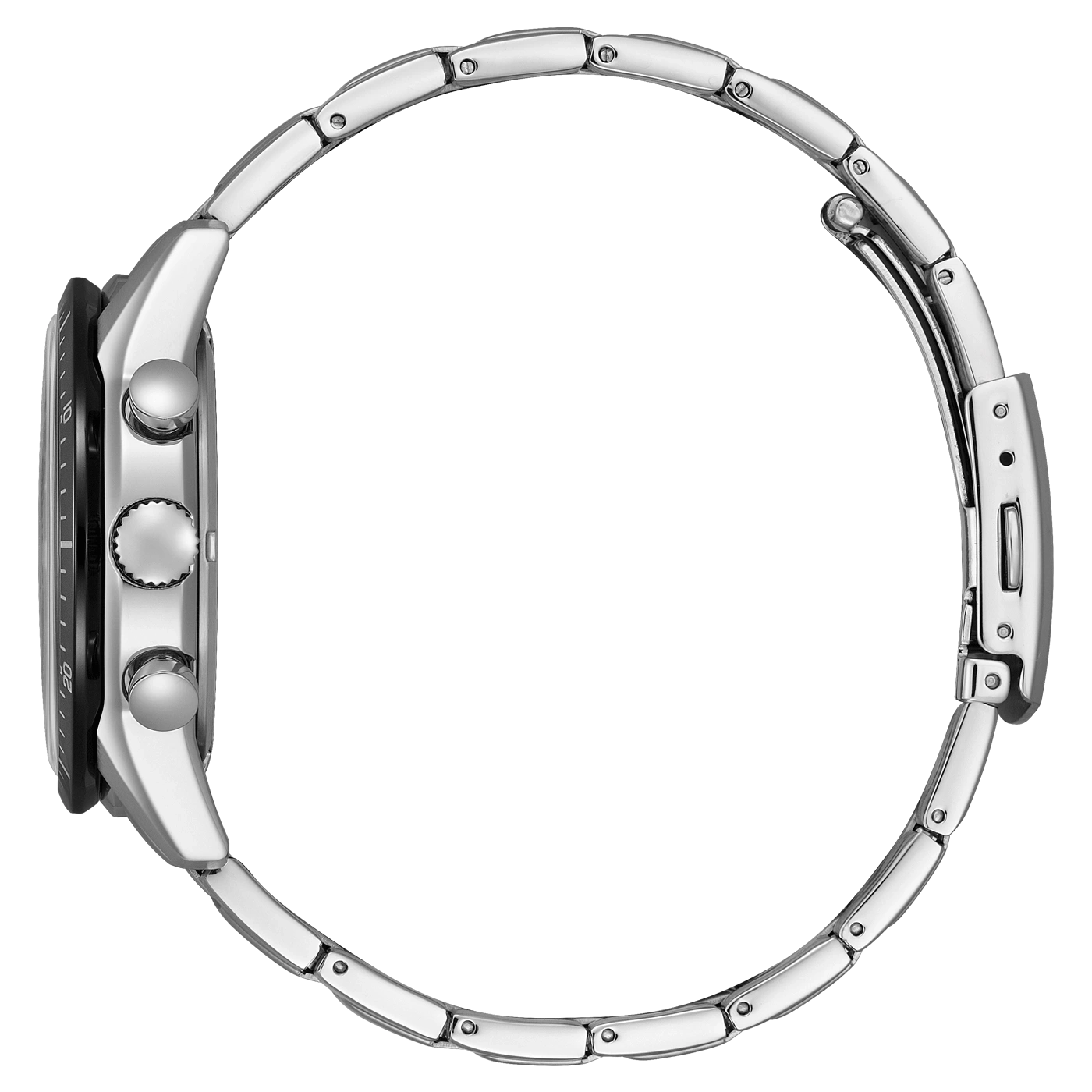 Zilveren horloge met zwarte wijzerplaat en metalen band, zijaanzicht, elegant ontwerp