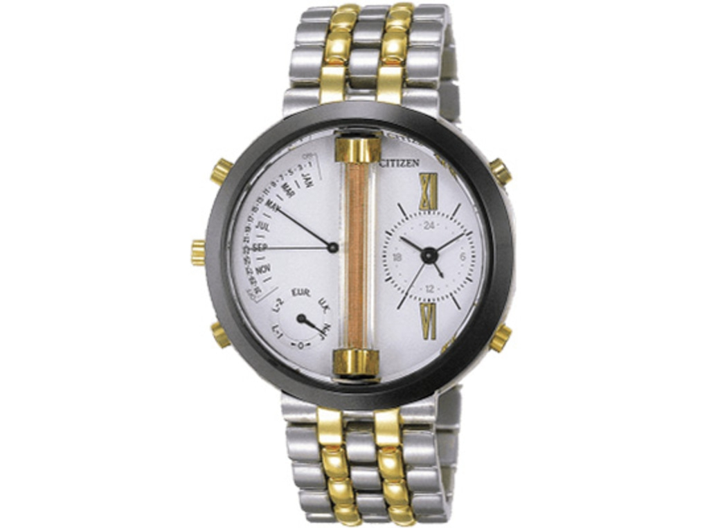 Citizen horloge met zilveren en gouden band, witte wijzerplaat en meerdere wijzerplaten.