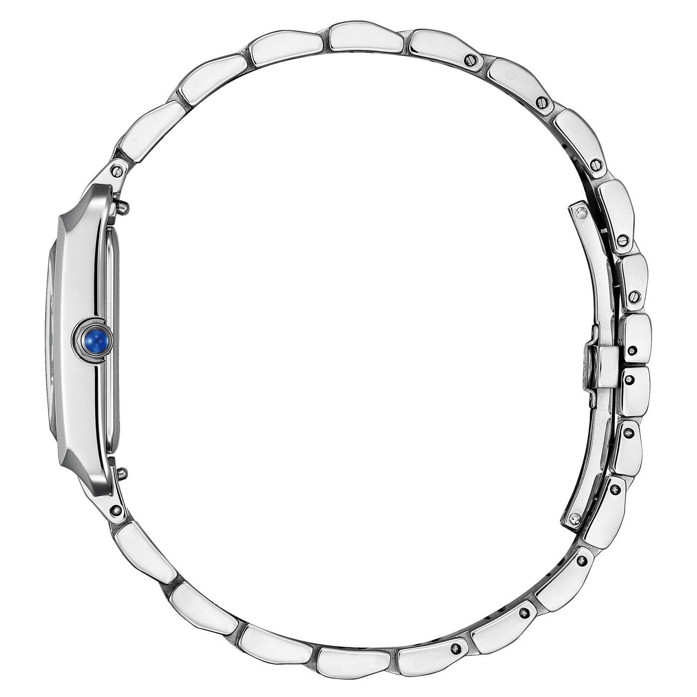 Zilveren horloge met blauwe edelsteen, elegant ontwerp, zijaanzicht