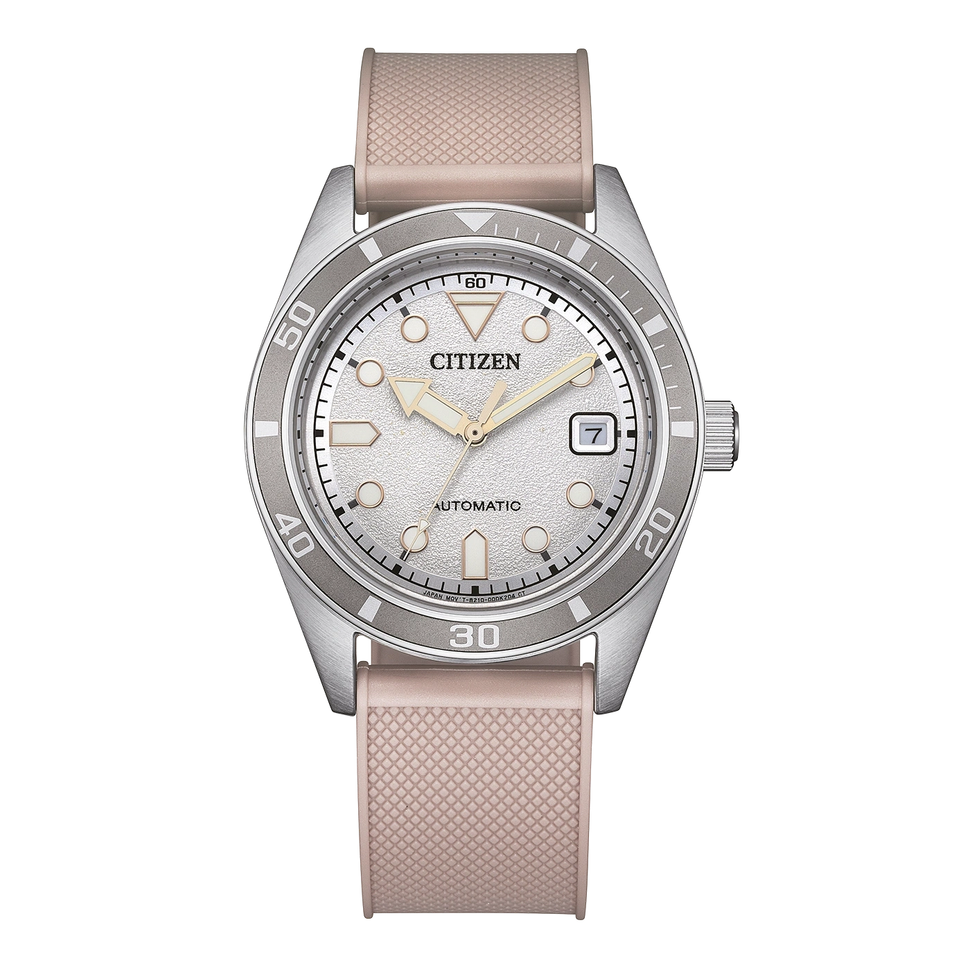 Een Citizen automatisch horloge met een zilveren wijzerplaat en roze band.