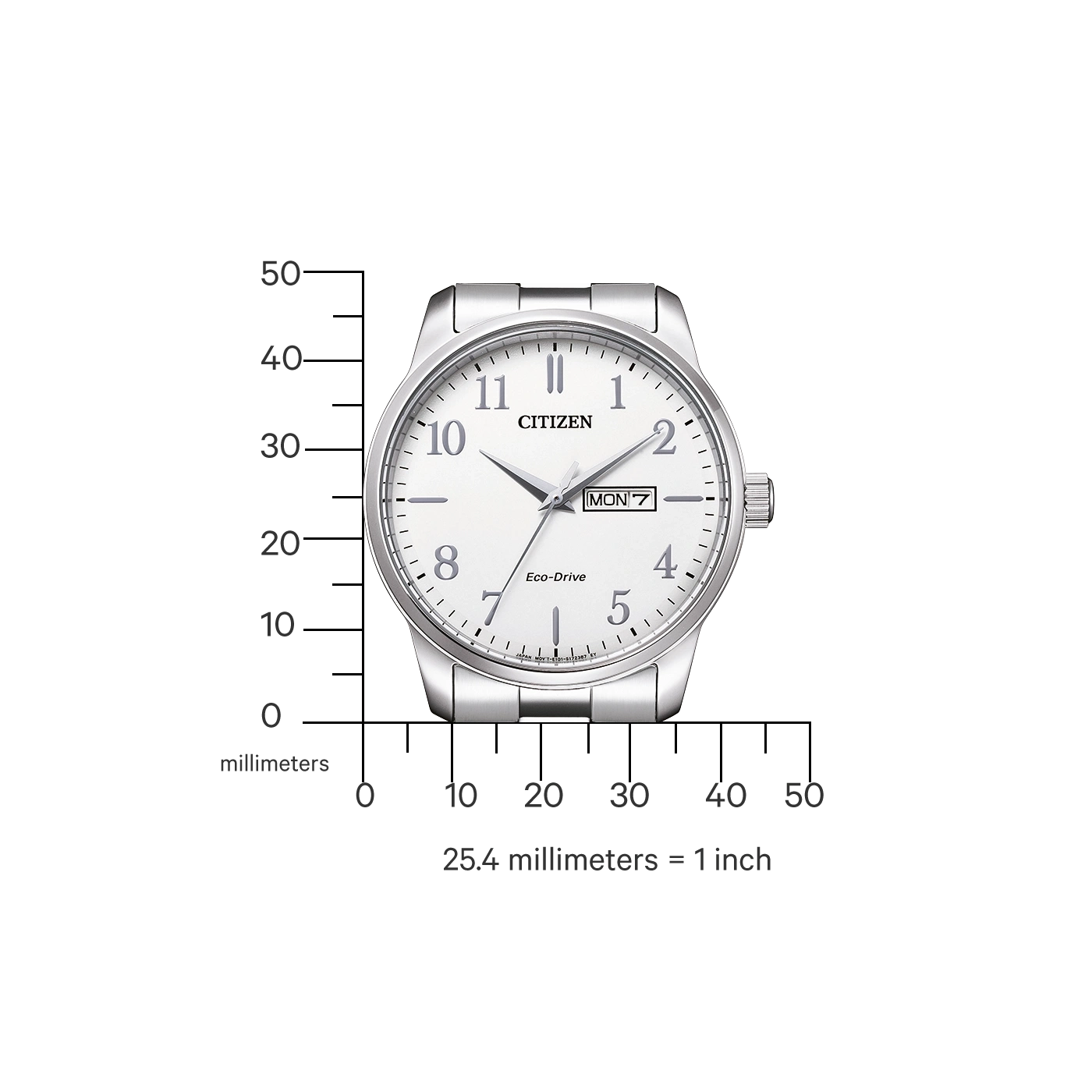 Citizen horloge met witte wijzerplaat, zilveren band en dagweergave.