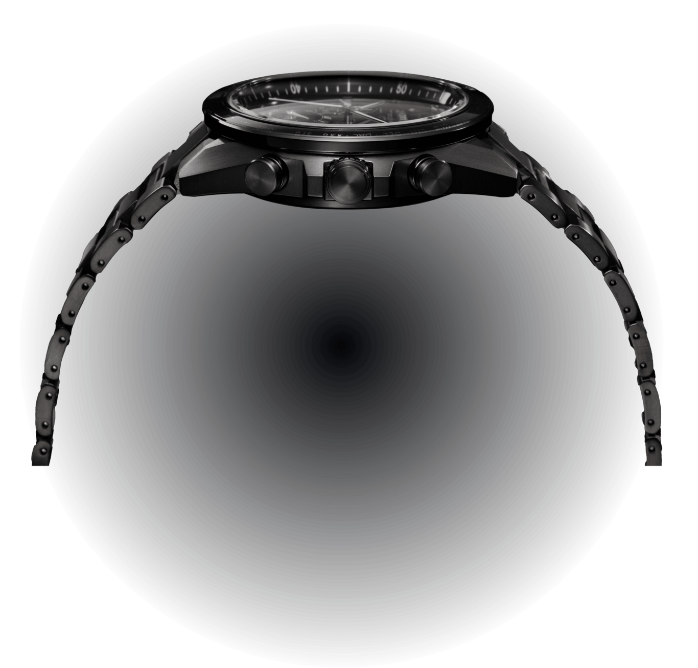 Zwart horloge met metalen band, zijaanzicht, op zwarte achtergrond.