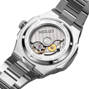 Citizen horlogekast met zichtbaar mechanisme, saffier en roestvrij staal.