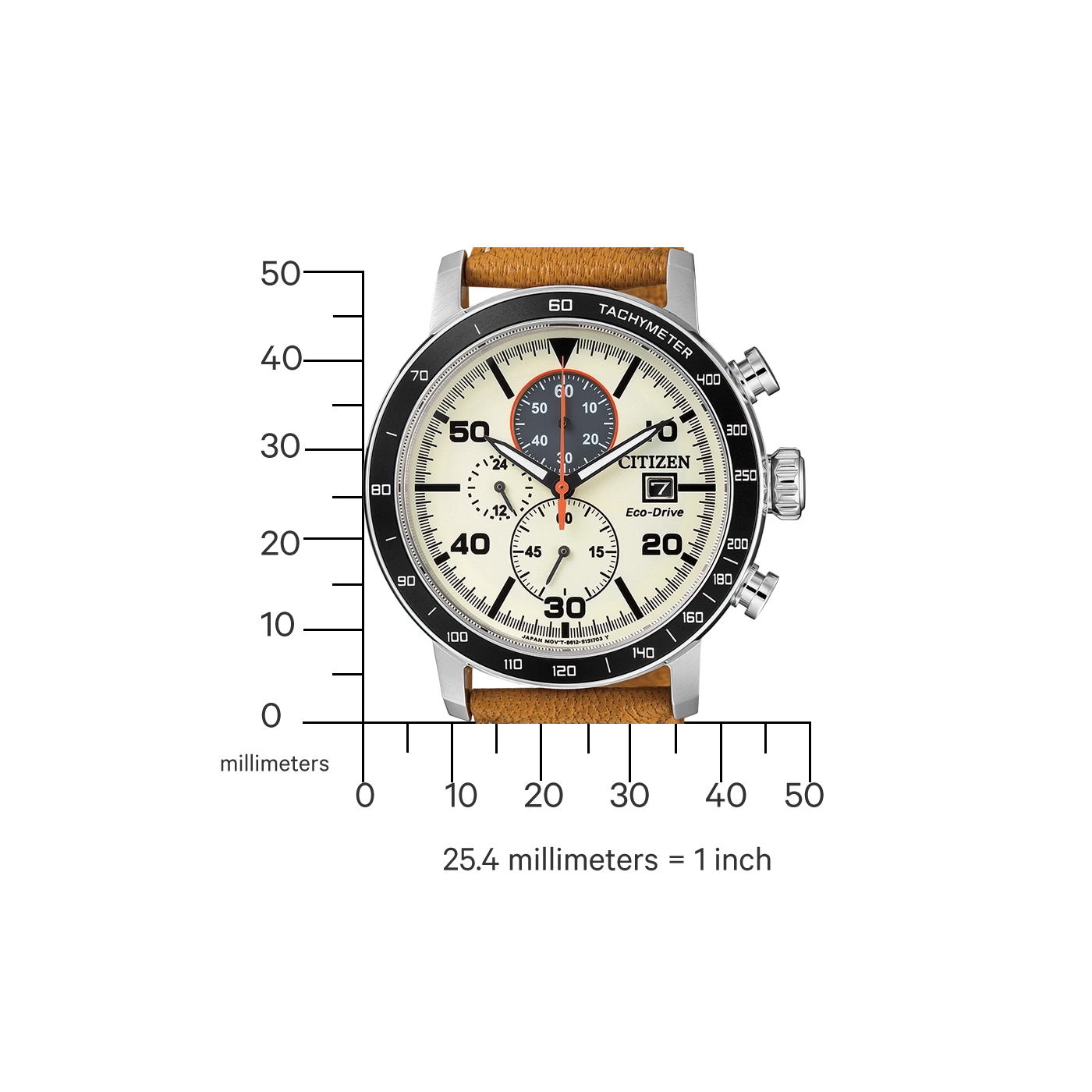 Citizen horloge met tachymeter, Eco-Drive en leren band, toont tijd en metingen.