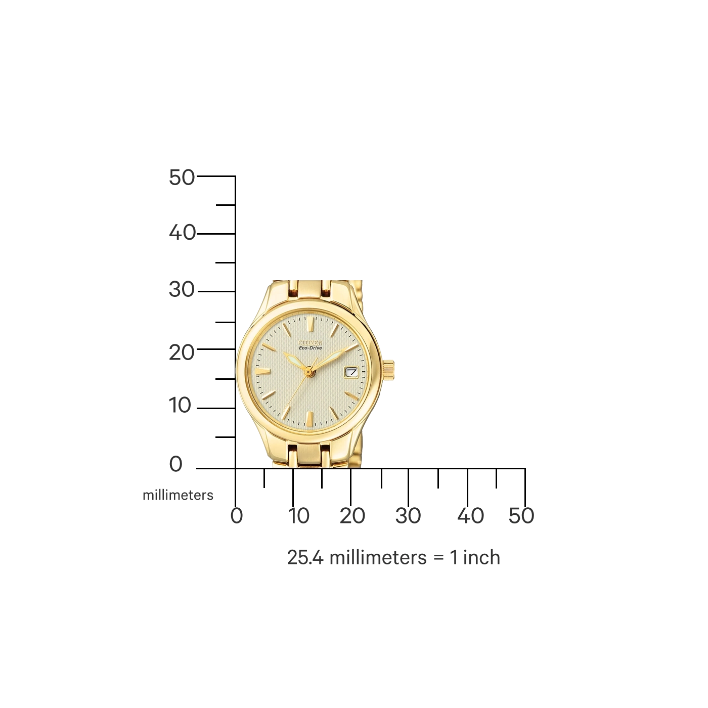 Gouden Citizen Eco-Drive horloge met een meetschaal in millimeters.