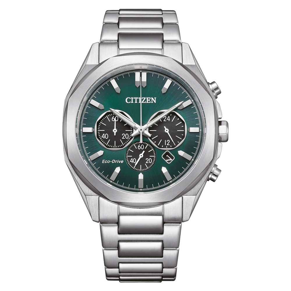 Citizen horloge met groene wijzerplaat en zilveren band, Eco-Drive technologie.