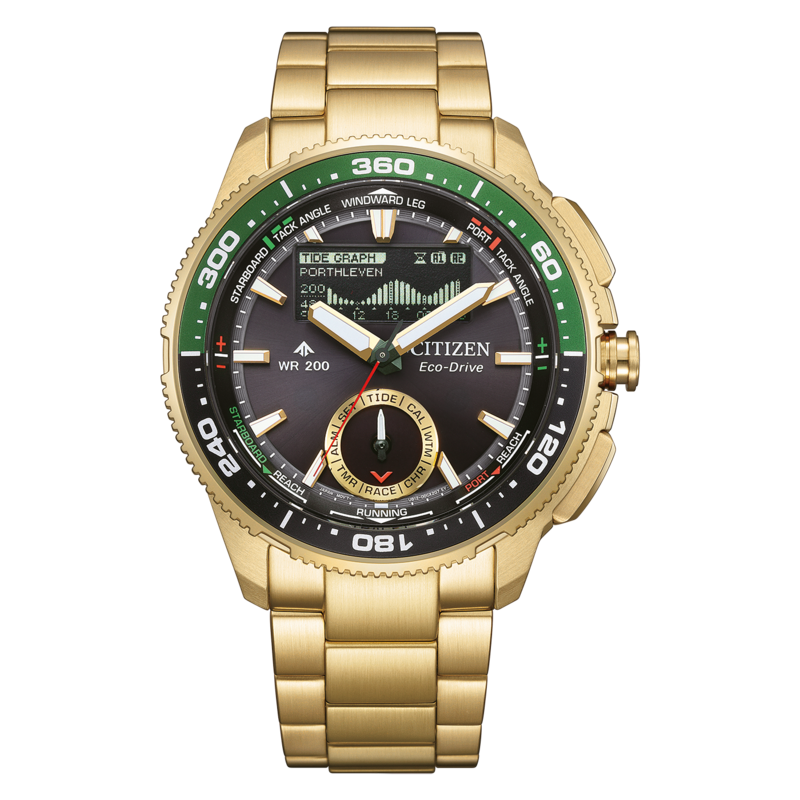 Een gouden Citizen Eco-Drive horloge met een zwarte wijzerplaat en groene accenten.