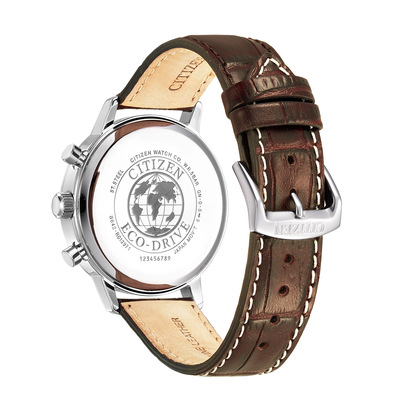 Citizen horloge met bruine leren band, roestvrij staal, Eco-Drive, close-up