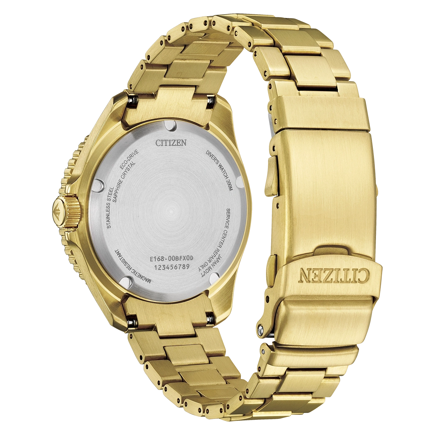 Gouden Citizen Eco-Drive duikershorloge achterkant en band