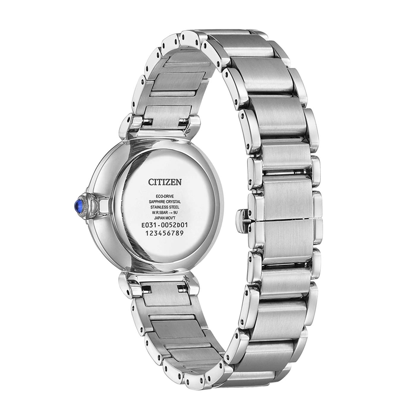 Achterkant van een zilveren Citizen Eco-Drive horloge met een blauwe edelsteen aan de zijkant.