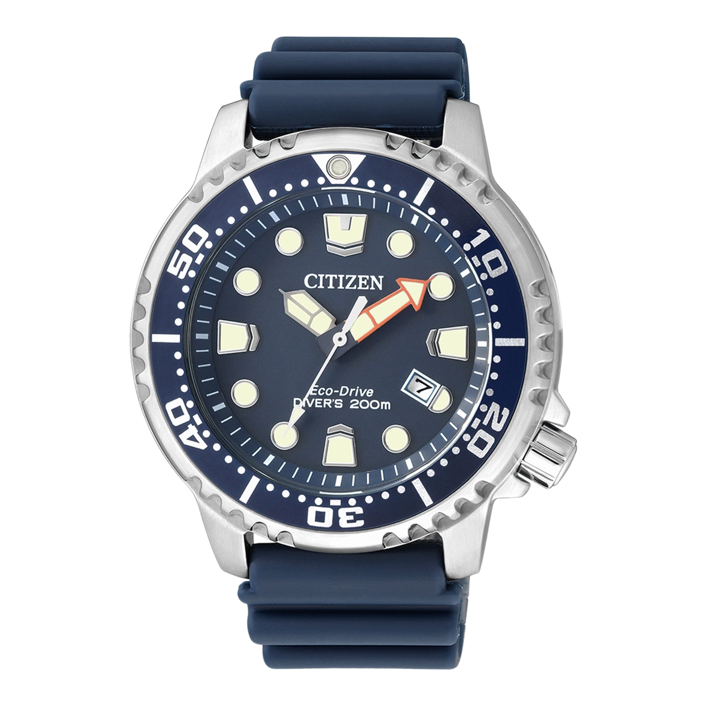 Citizen horloge met blauwe wijzerplaat en band, zilveren bezel, Eco-Drive, duikershorloge