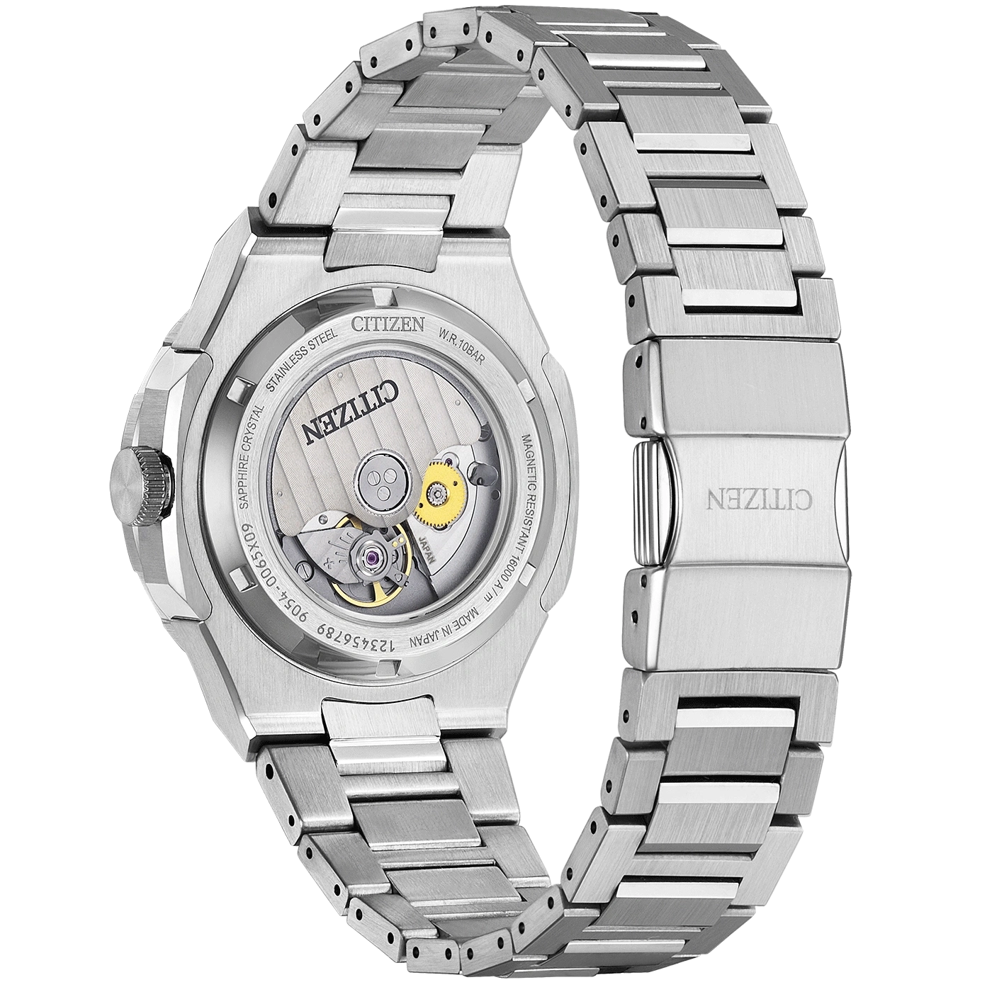 Citizen horlogekast, saffierkristal, roestvrij staal, Japans uurwerk, W.R. 10 bar.