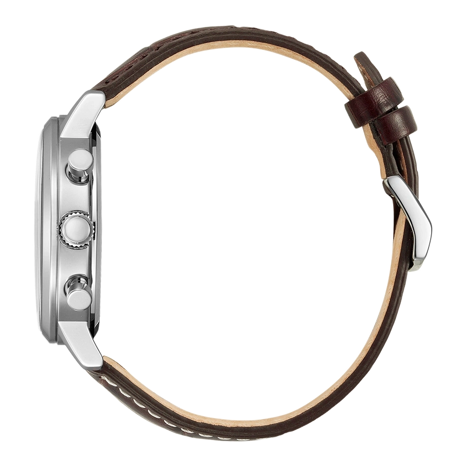 Zijaanzicht van een zilveren horloge met een bruine leren band.
