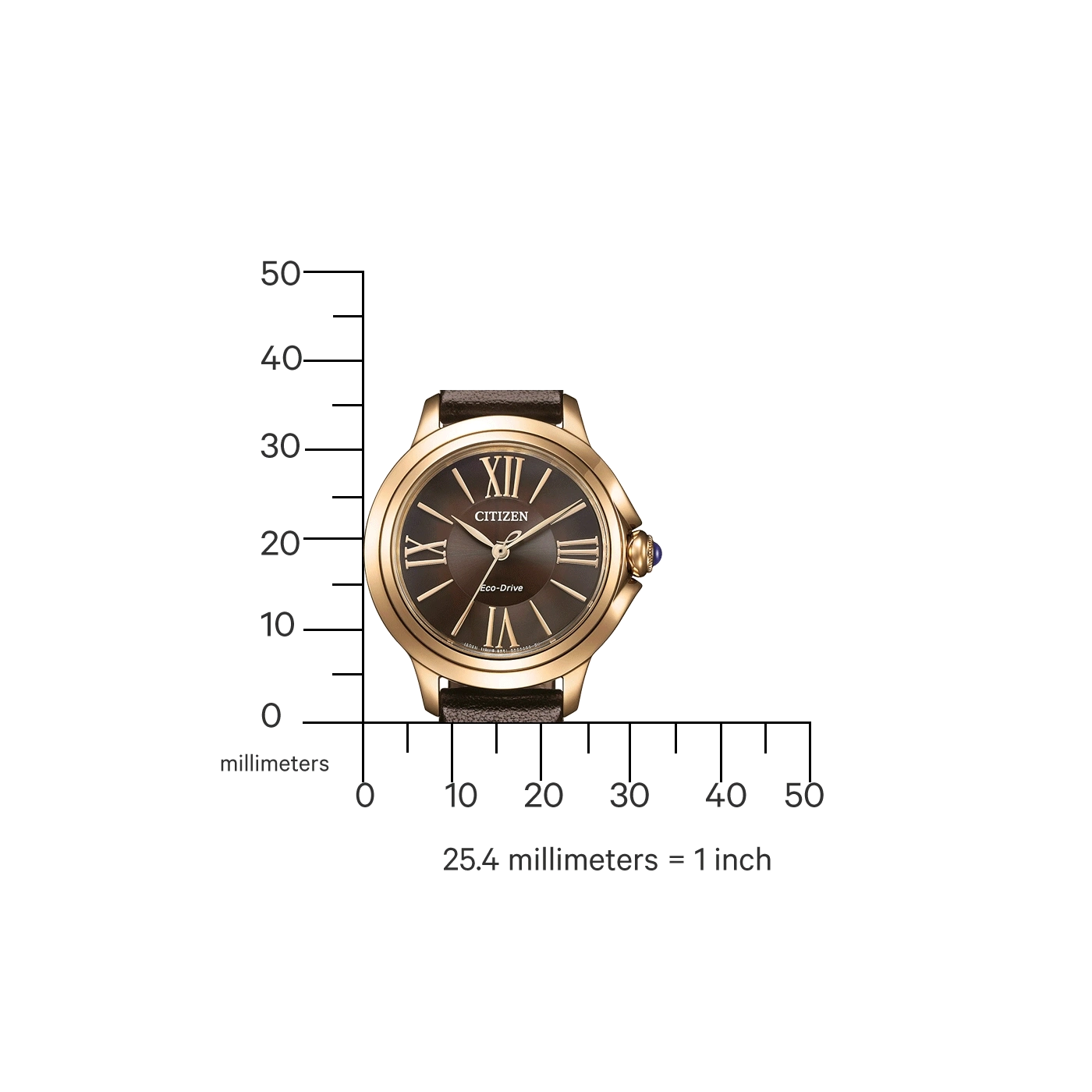Citizen horloge met bruine band en wijzerplaat, gouden kast, meetschaal in millimeters