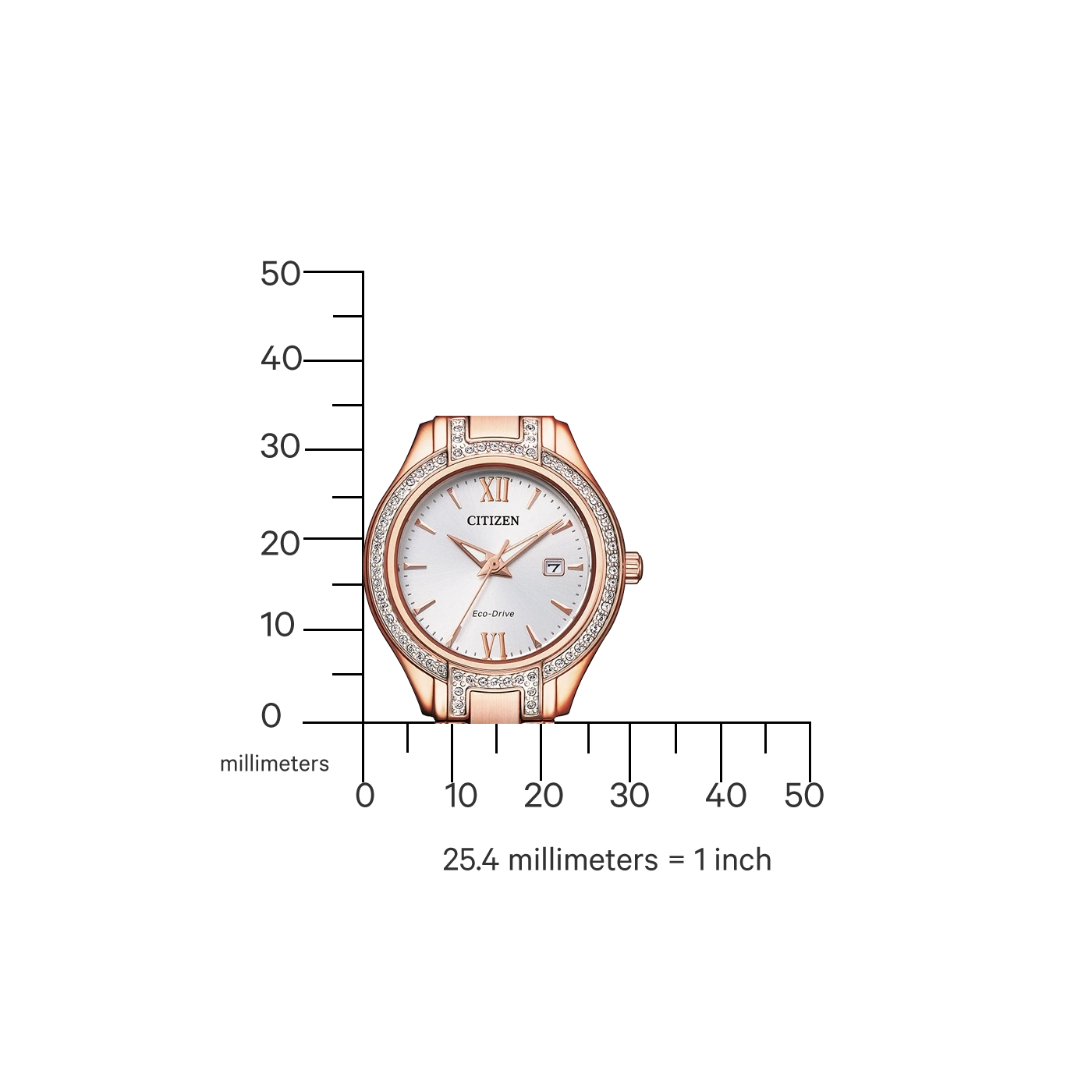 Citizen horloge met roségoud en diamanten, witte wijzerplaat, datumweergave, Eco-Drive.