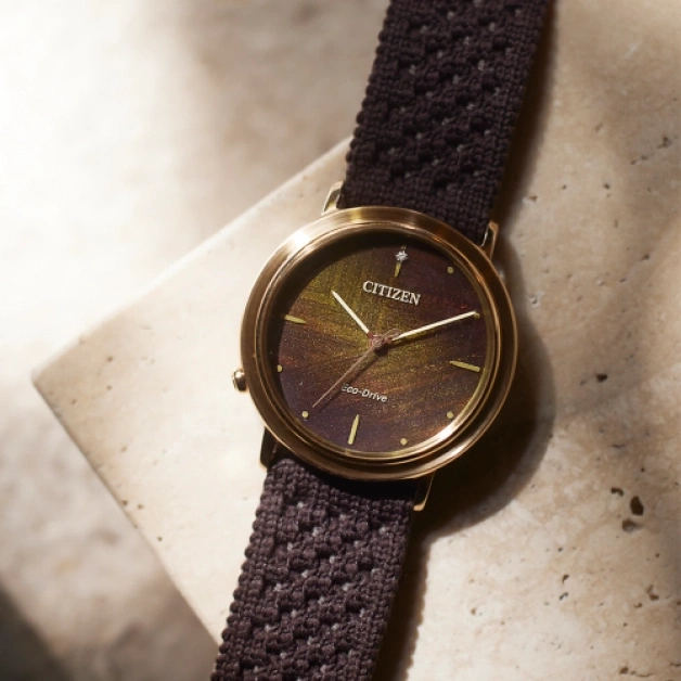 Citizen horloge met bruine band en gouden wijzerplaat, Eco-Drive technologie.
