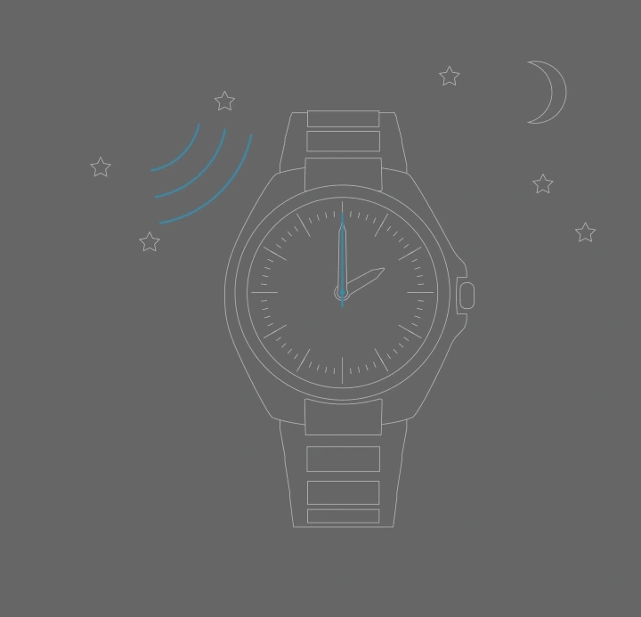 Horloge dat nacht laat zien met sterren en maan, en geluidsgolven.