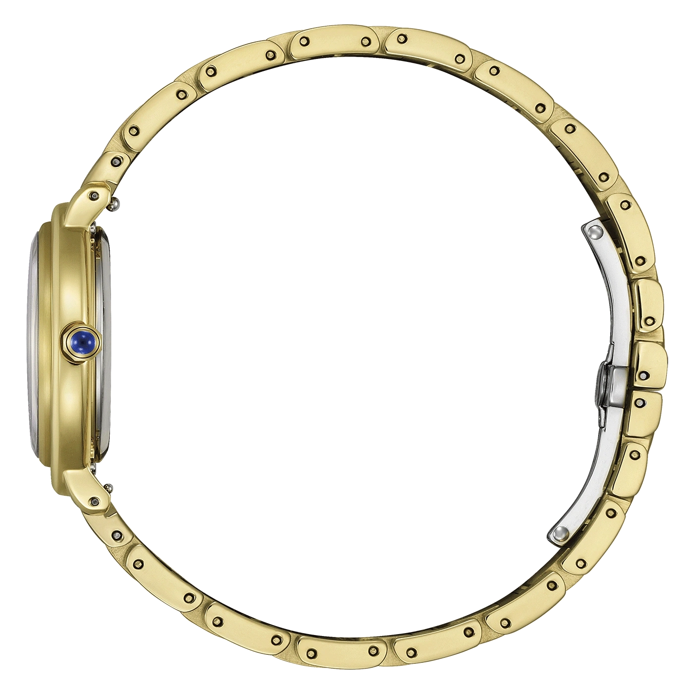 Gouden horloge met blauwe edelsteen op groene achtergrond, zijaanzicht.