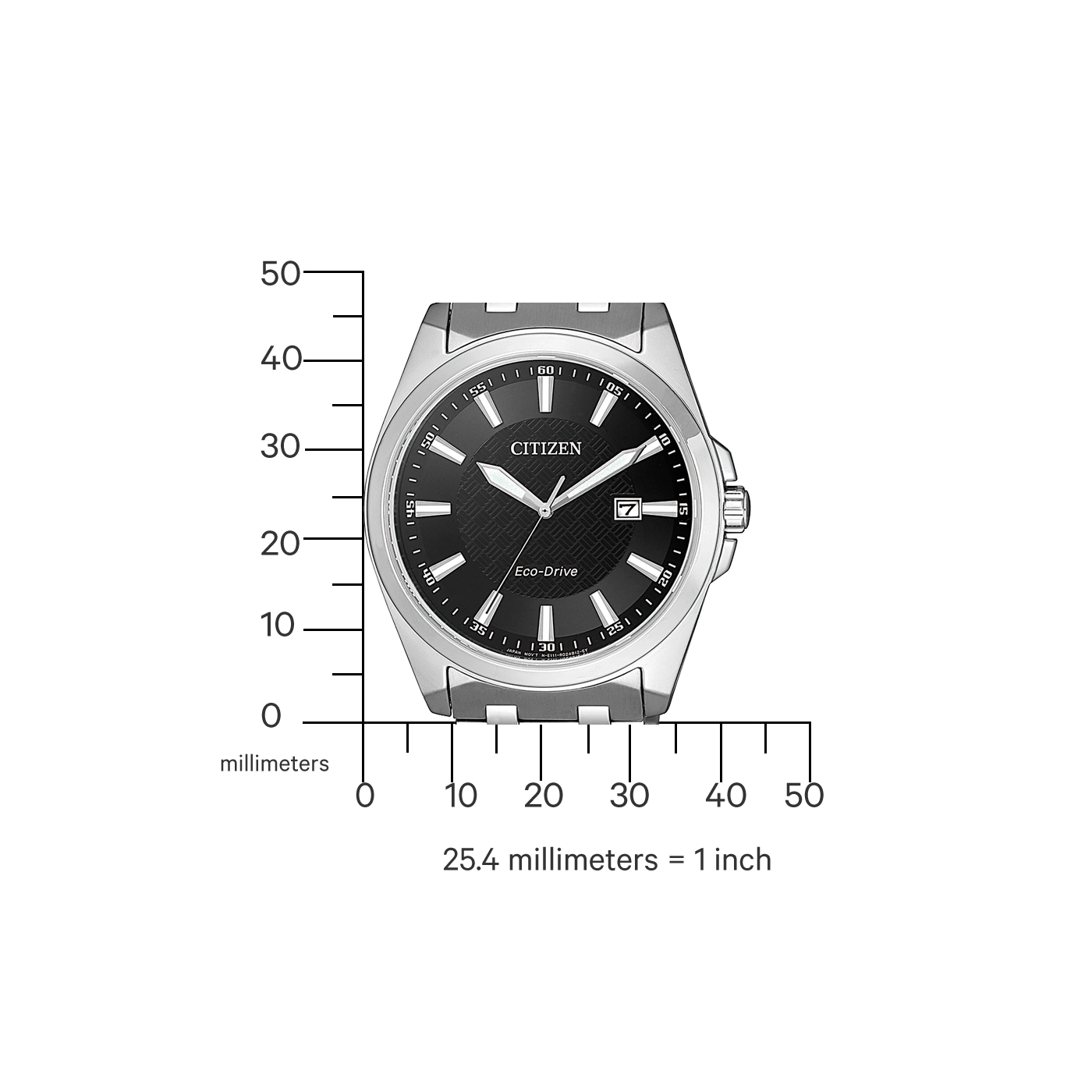 Citizen horloge met zwarte wijzerplaat, Eco-Drive en datumweergave, met een schaal in millimeters.