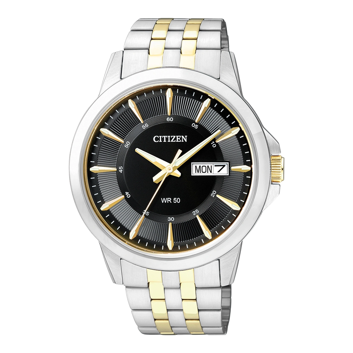 Citizen horloge met zwarte wijzerplaat, gouden accenten en zilveren en gouden band.