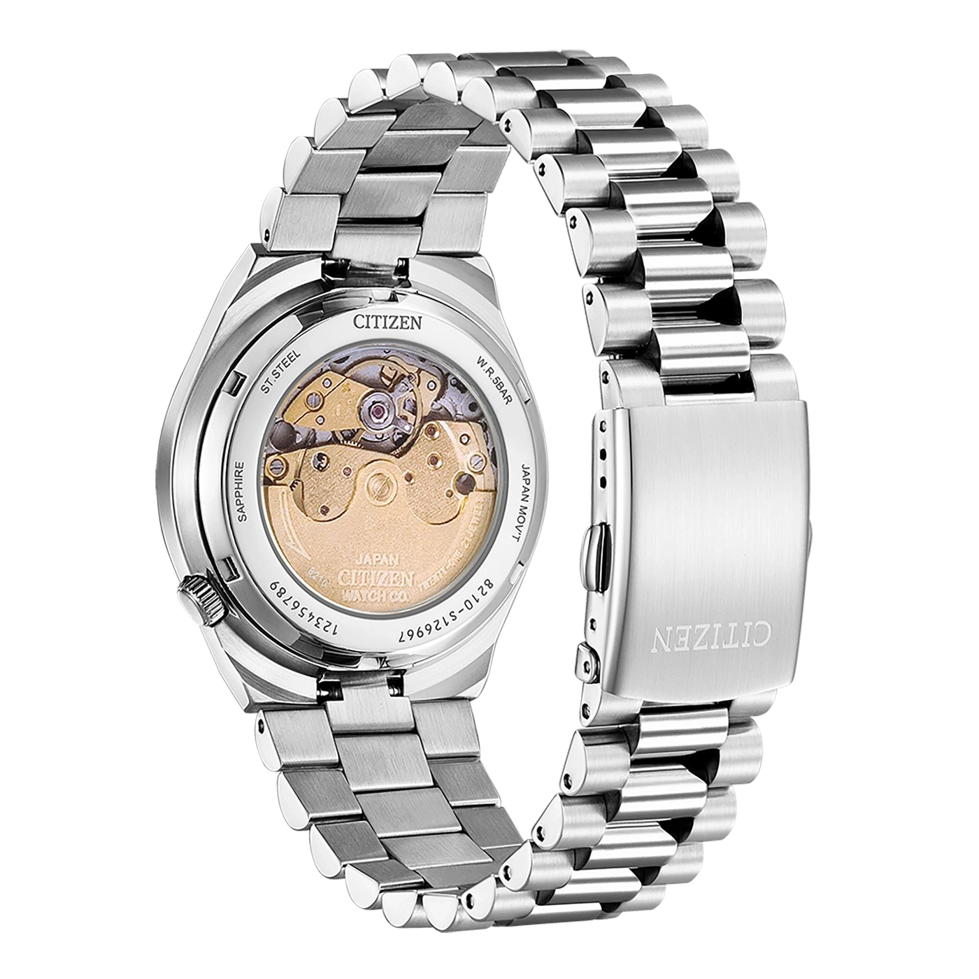 Citizen horlogerug met zichtbaar mechanisme en metalen band, close-up.