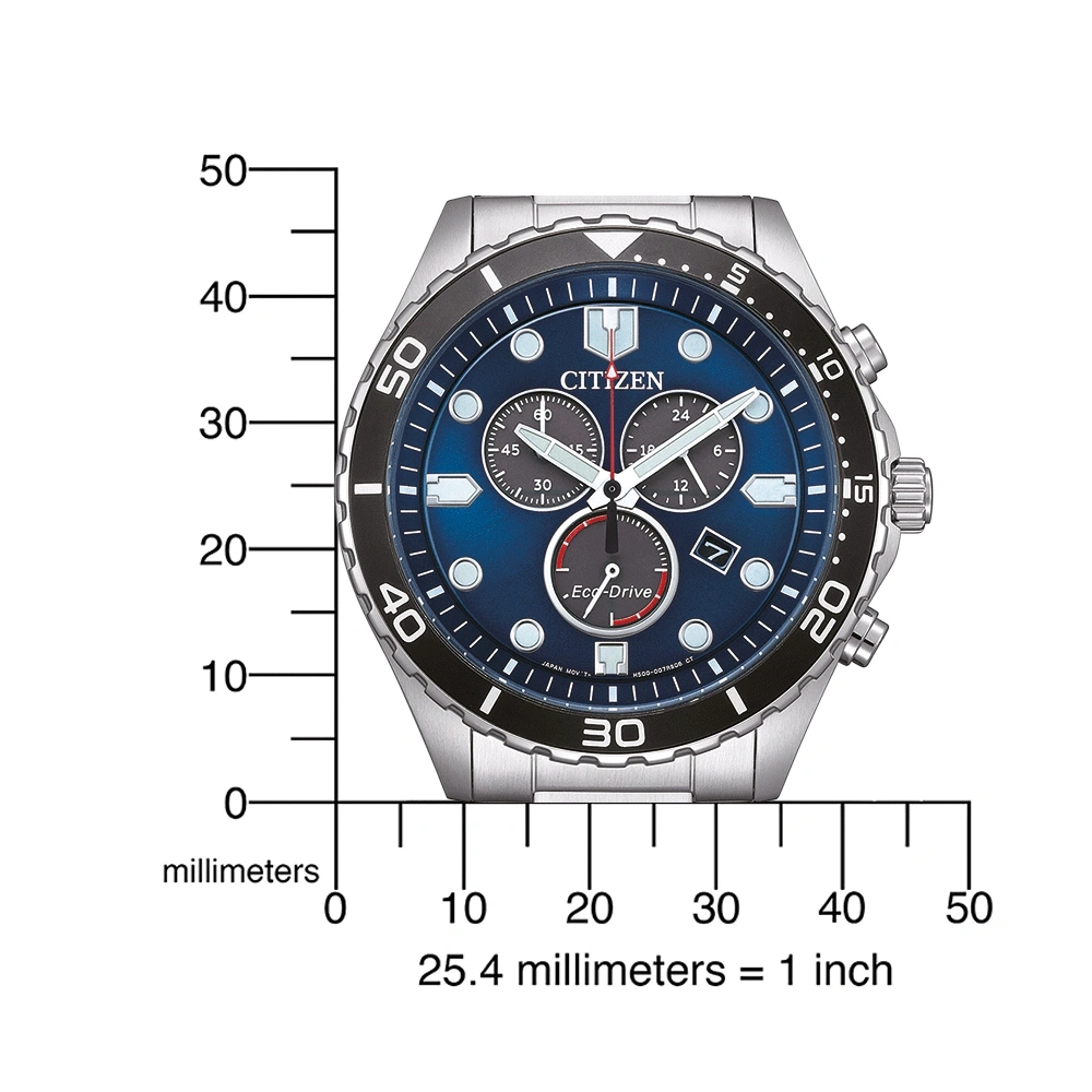 Citizen horloge met blauwe wijzerplaat, zwarte bezel en zilveren band. Eco-Drive technologie.