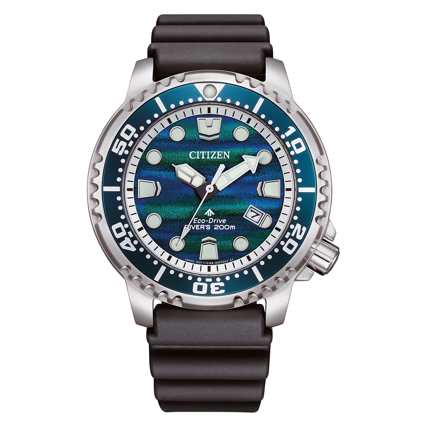 Een Citizen Eco-Drive duikhorloge met blauwgroene wijzerplaat en zwart bandje.