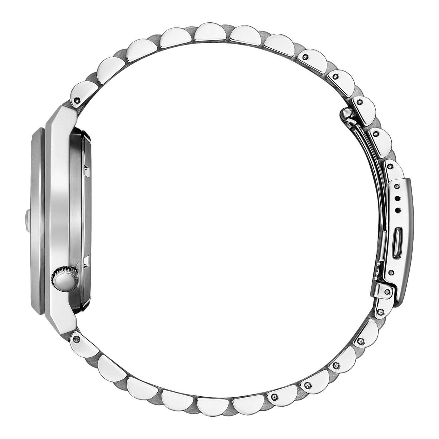 Zilveren horloge met metalen band, zijaanzicht, elegant design, glanzend, modern