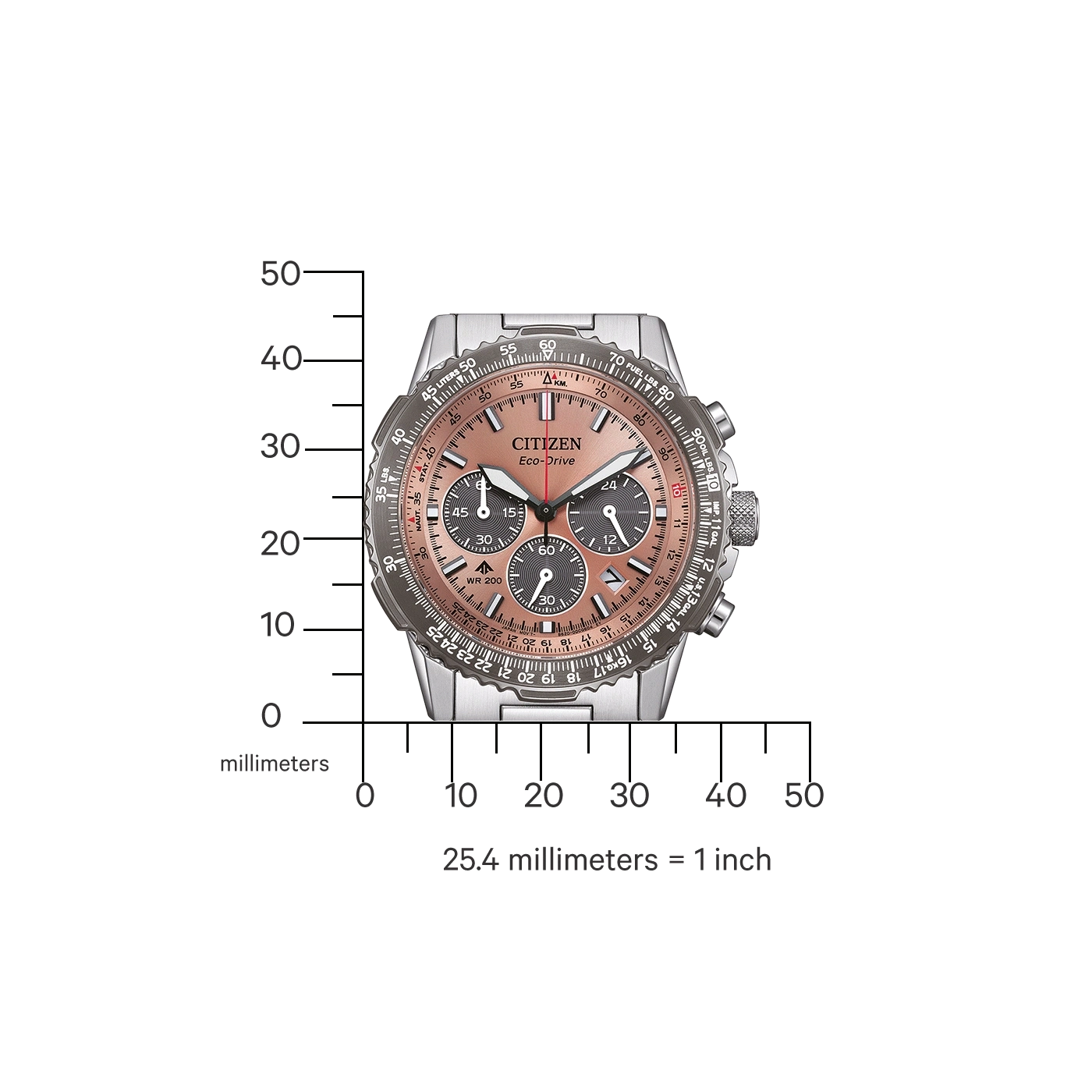 Citizen Eco-Drive horloge met een roségouden wijzerplaat en zilveren band, met een schaal.