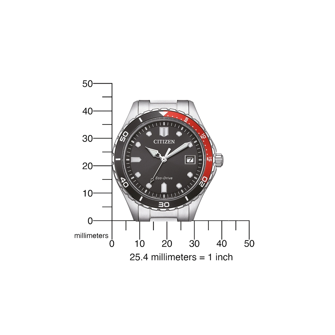 Citizen horloge met zwarte en rode bezel, tijd en datum, met schaal in millimeters.