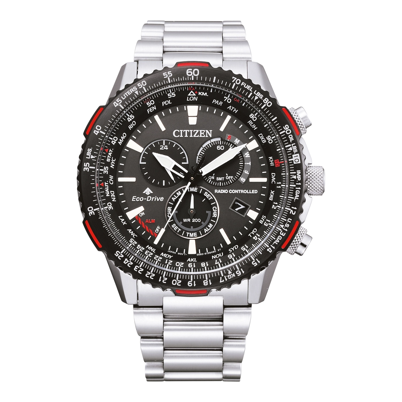 Citizen horloge met zwarte wijzerplaat, zilveren band en meerdere functies voor tijdmeting en luchtvaart.