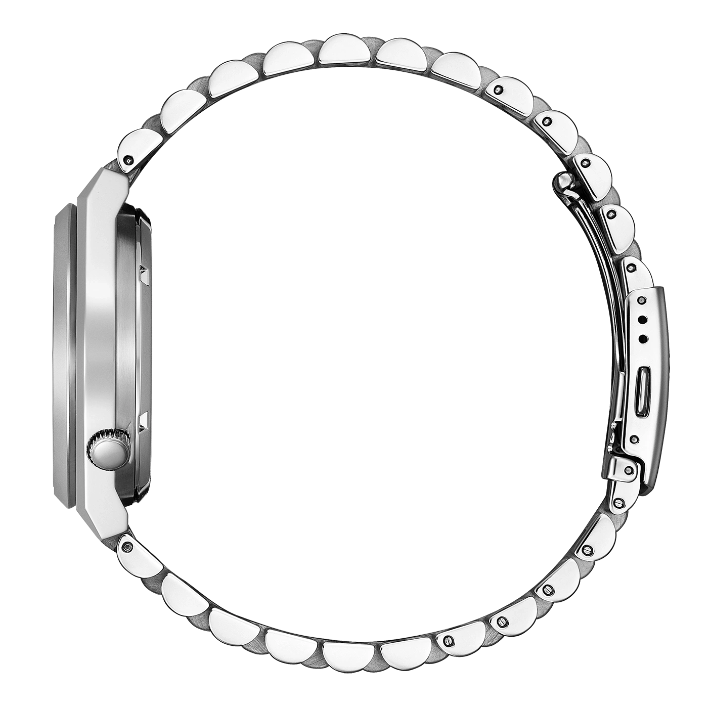 Zijaanzicht van een zilveren polshorloge met metalen band, elegant ontwerp.