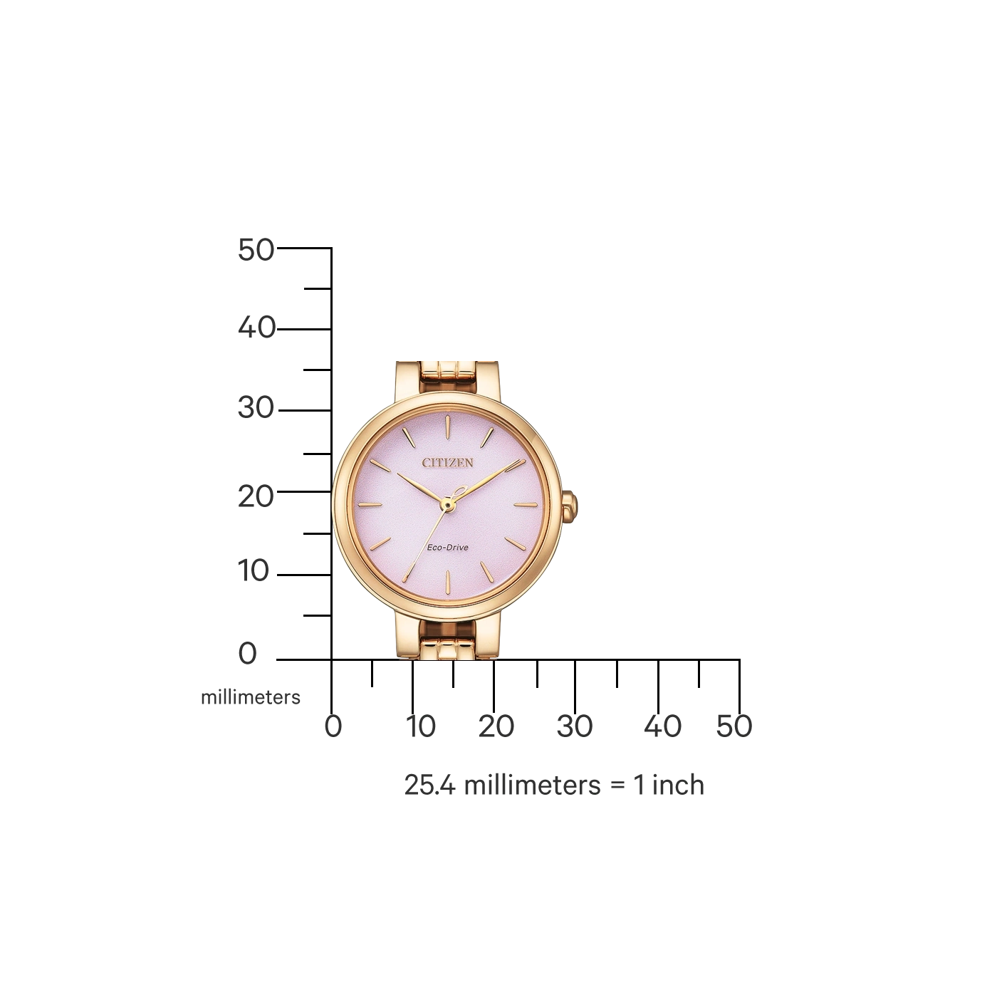 Citizen horloge met roze wijzerplaat en gouden band, gemeten in millimeters.