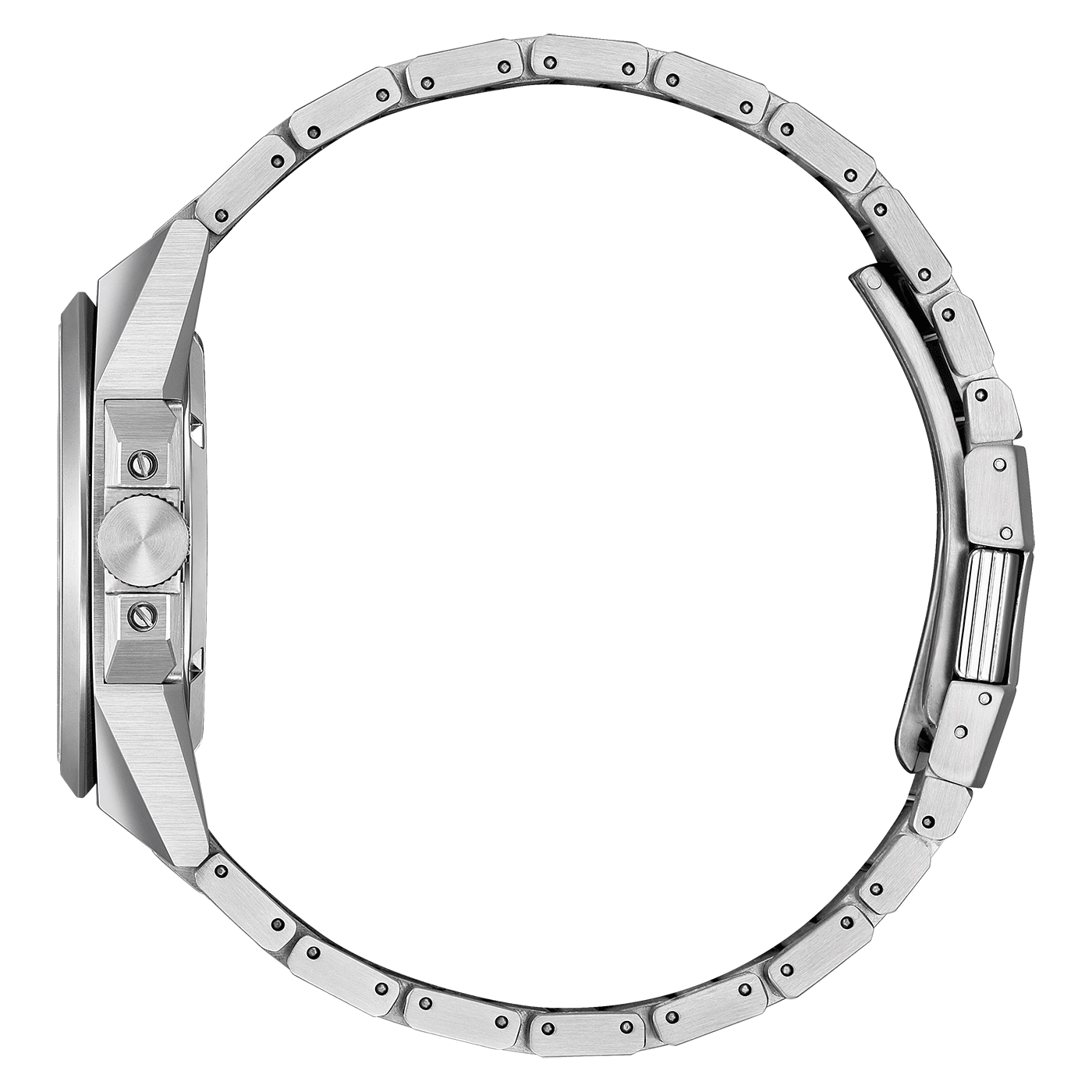 Zijaanzicht van een zilveren horloge met metalen band, elegant design en stijl.