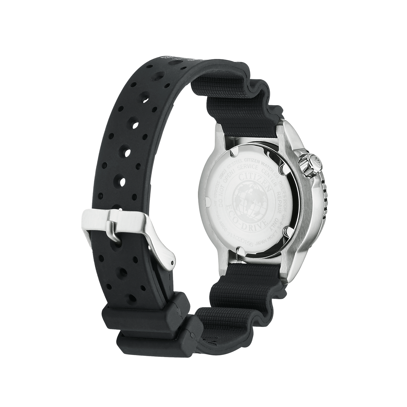 Citizen horloge met zwarte band, Eco-Drive, duikhorloge, roestvrijstalen kast, achteraanzicht