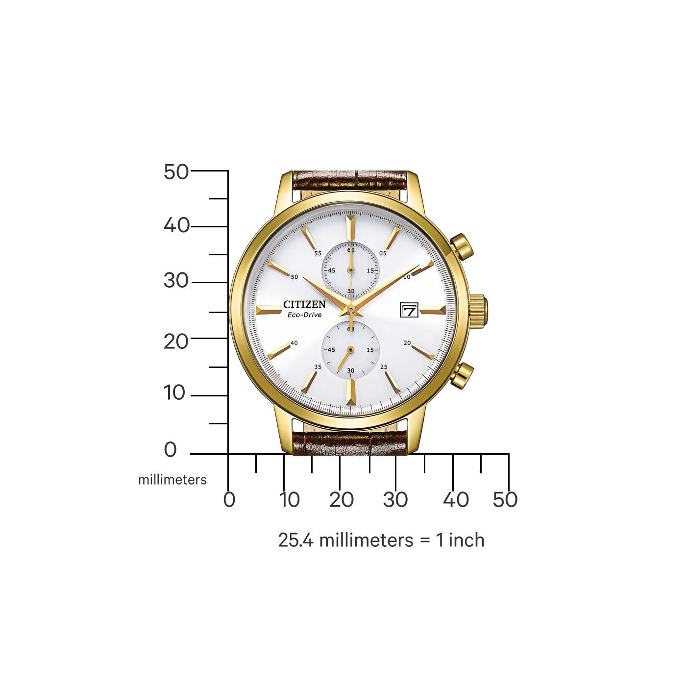 Gouden Citizen Eco-Drive horloge met witte wijzerplaat en bruine leren band.