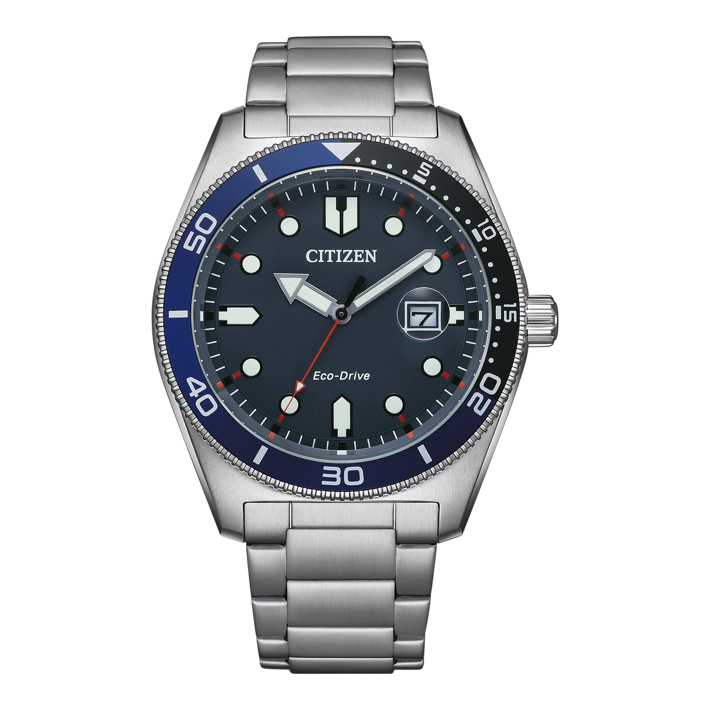Citizen horloge met blauw-zwarte bezel, zilveren band en donkere wijzerplaat.