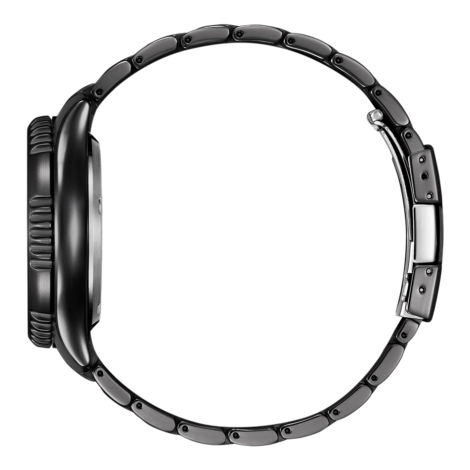 Zwart horloge met metalen band, zijaanzicht, geïsoleerd op witte achtergrond.