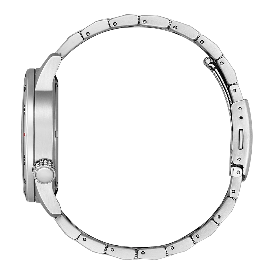 Zijaanzicht van een zilveren horloge met metalen band, ronde wijzerplaat.